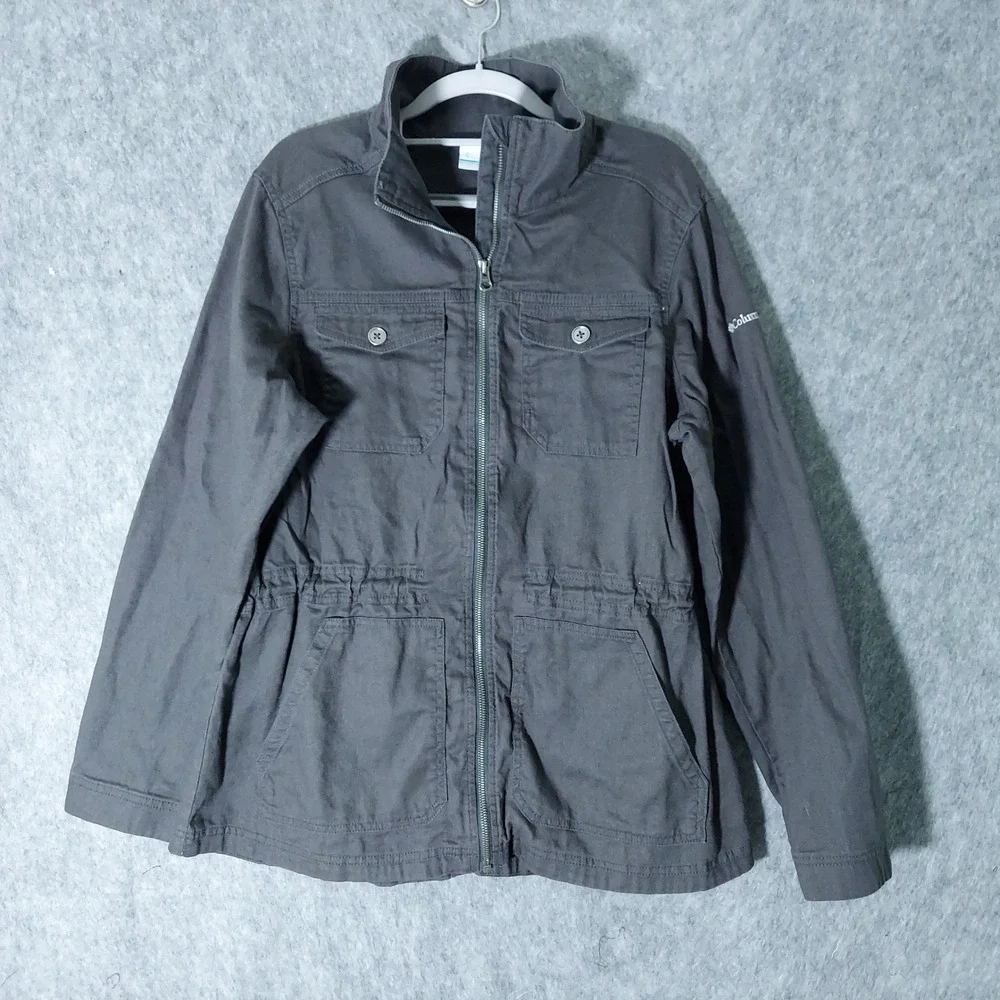 Columbia Women Jacket XL Grey Hemp Cotton Utility Field Cinched Waist Zip Front